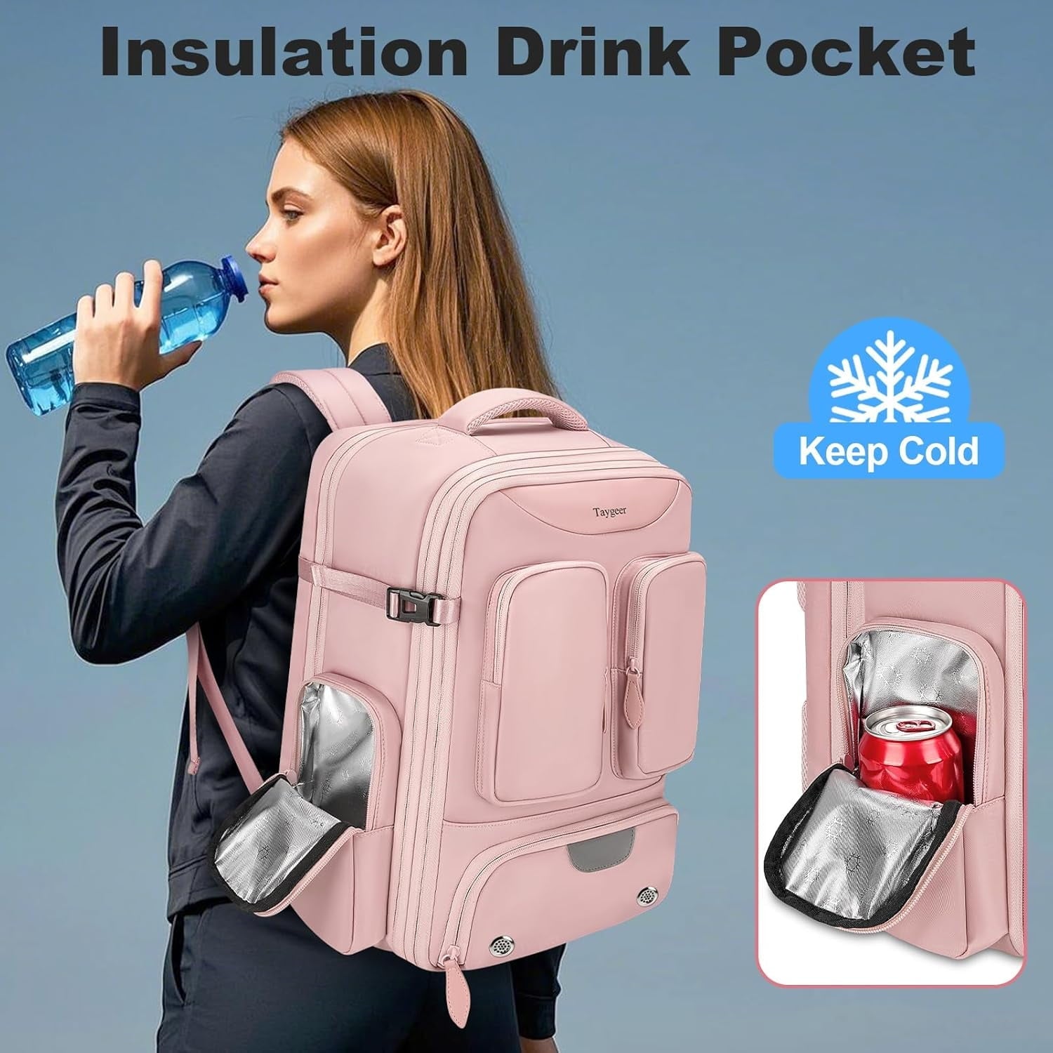 Stylish Pink Vacuum Backpack - Expandable Compression Luggage with Shoe Compartment and Rain Cover for Effortless Travel
