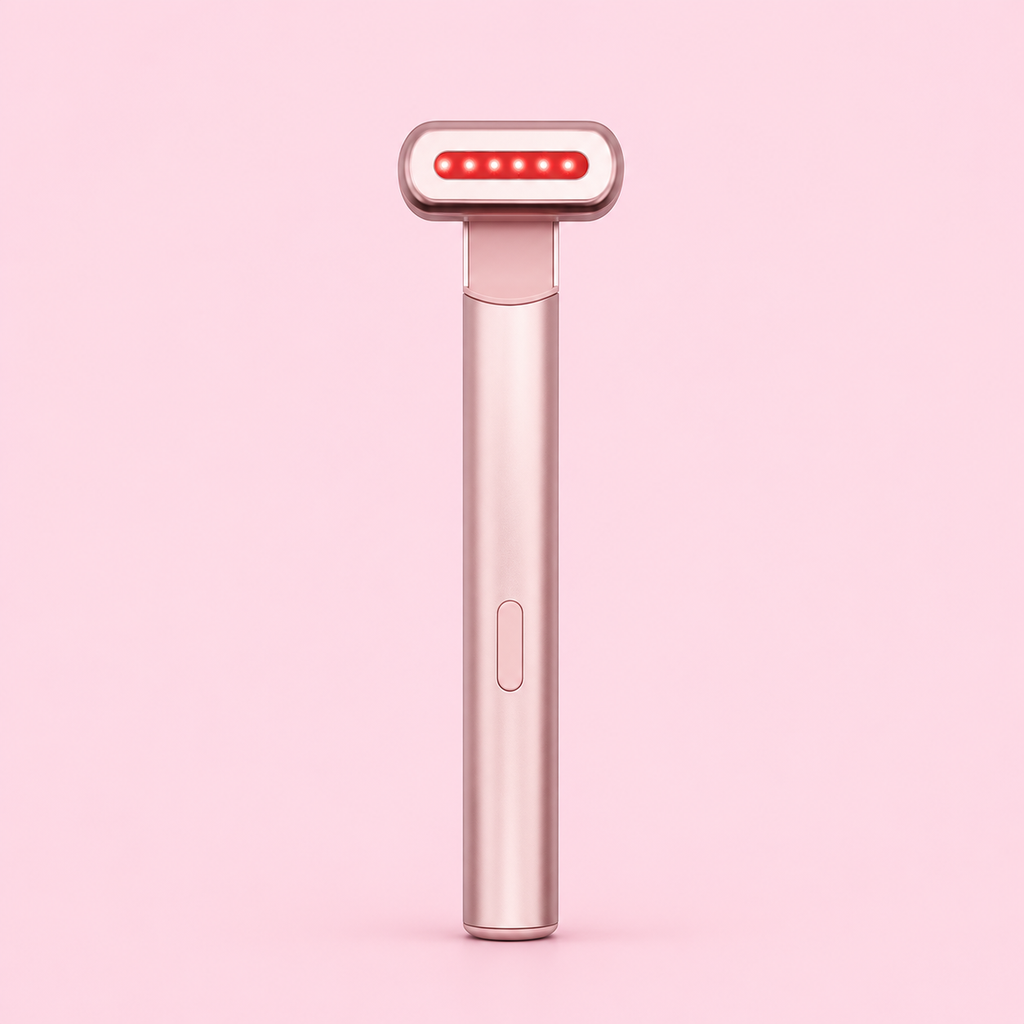 A handheld beauty device with a metallic rose gold handle and a head featuring a row of red LED light dots, shown against a solid light pink background.