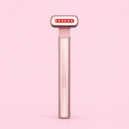 A handheld beauty device with a metallic rose gold handle and a head featuring a row of red LED light dots, shown against a solid light pink background.