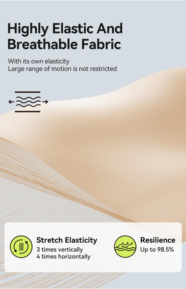 Fabric close-up with stretch and resilience specs