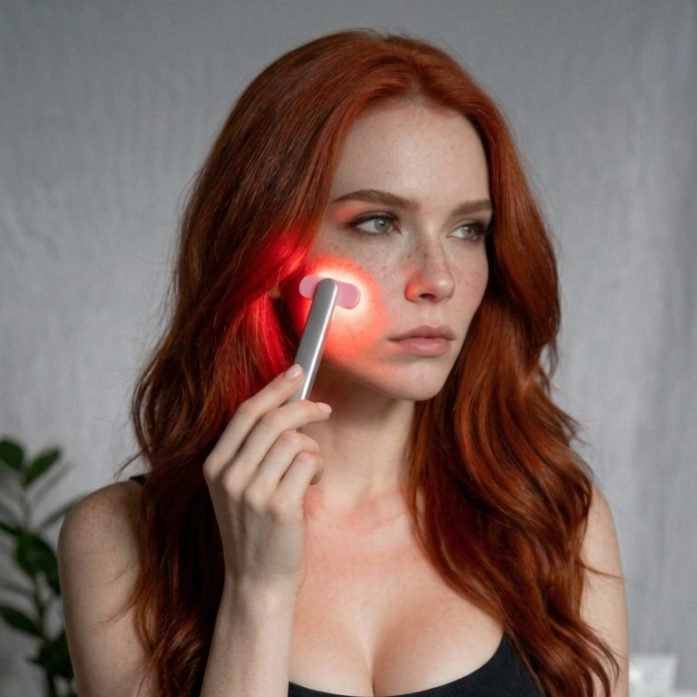 A woman with long red hair wearing a black tank top holds a handheld red light therapy device against her cheek, demonstrating its use. The device emits a bright red glow onto her skin.