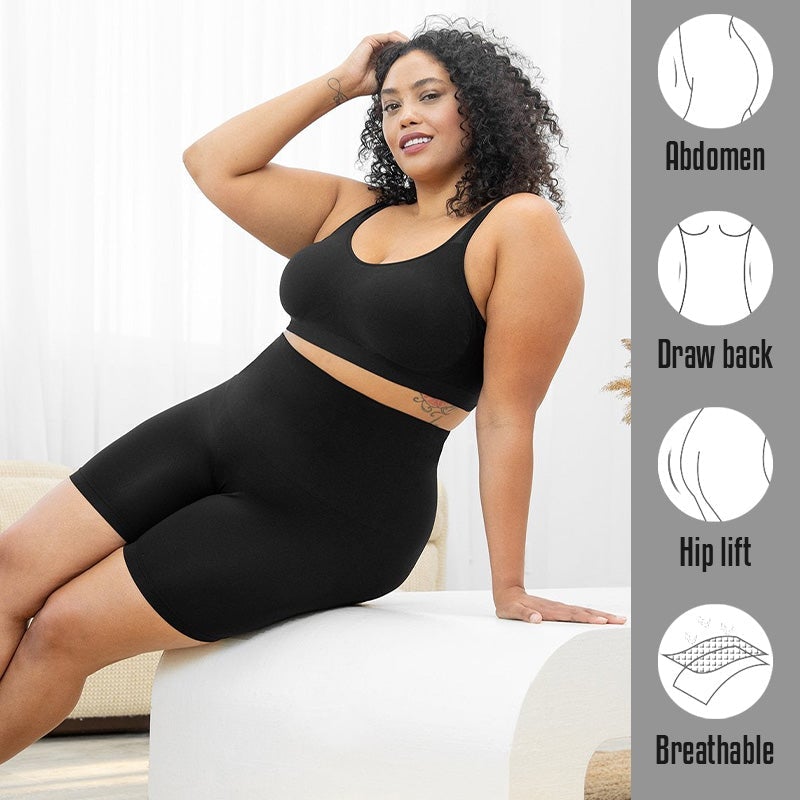 On-model with feature diagram: abdomen, draw back, hip lift, breathable